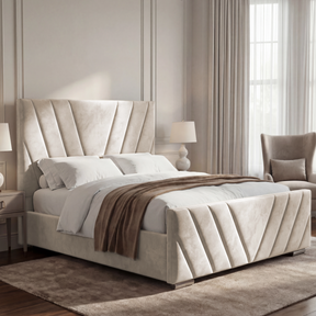 Side view of the beige velvet ottoman double bed, showcasing its clean design and elegant structure