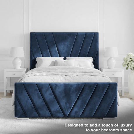 Front view of the blue velvet ottoman double bed with its smooth, tufted upholstery and modern design