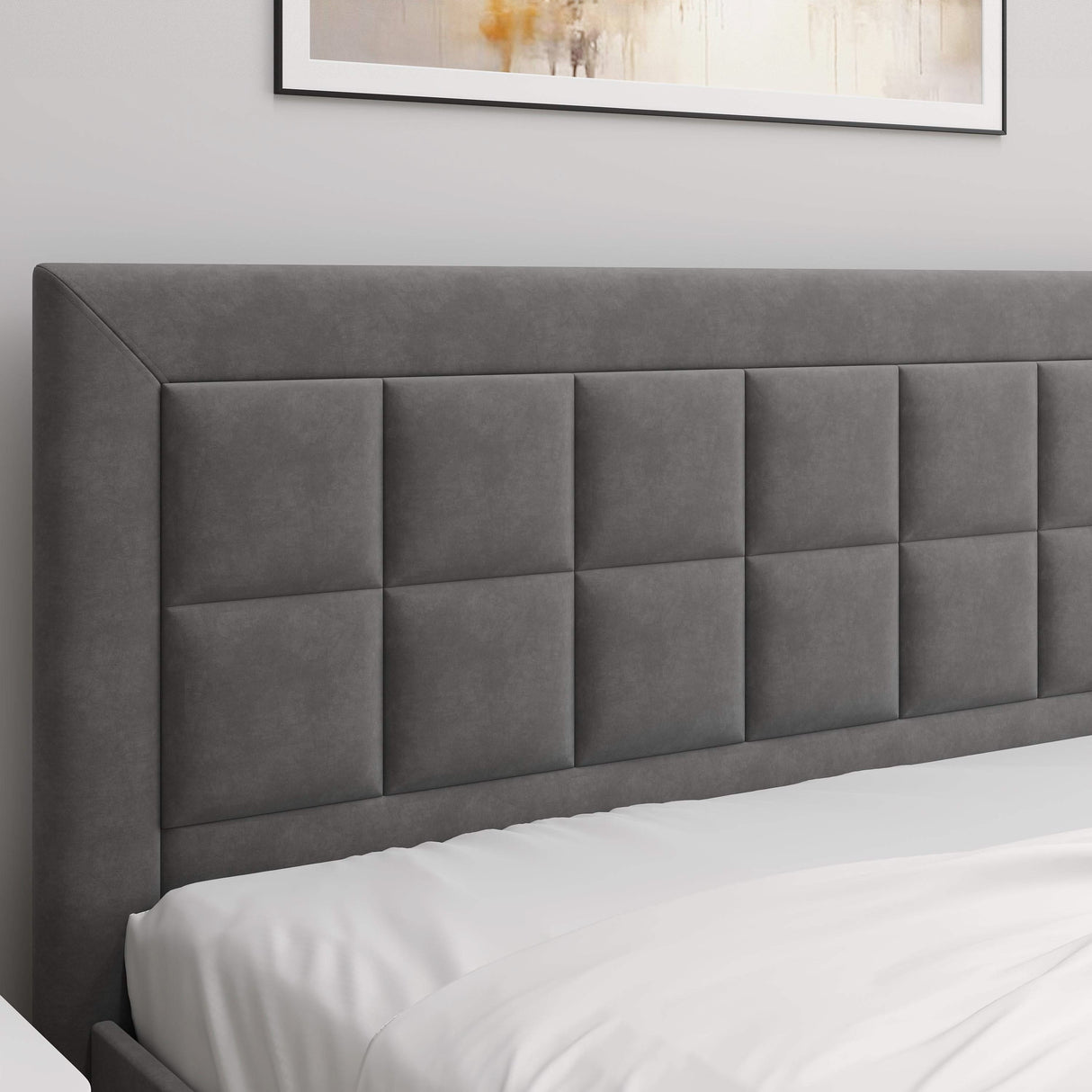 [Double | Grey] Headboard detail showing panelled velvet texture across wider frame with white bedding below