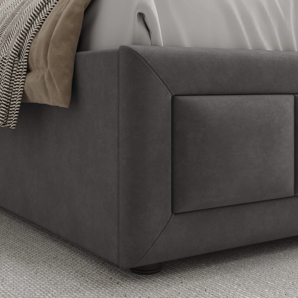 [King | Grey] Ottoman bed footboard texture close-up with velvet panel and round feet at base