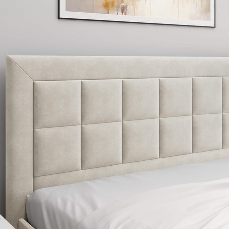 [Super King | Beige] Headboard detail showing panelled velvet texture across wider frame against grey wall