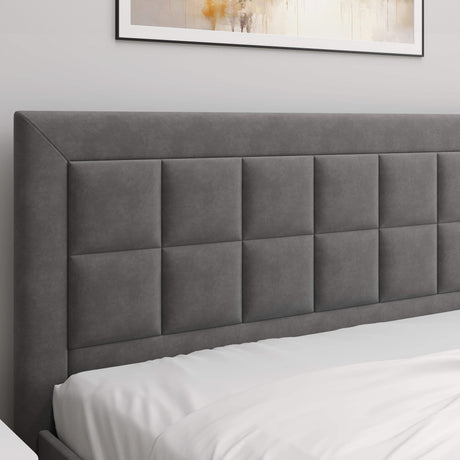 [Super King | Grey] Headboard detail showing panelled velvet texture across wider frame with white bedding below