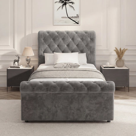 Front view of single dark grey ottoman storage bed with tufted headboard and cushioned base
