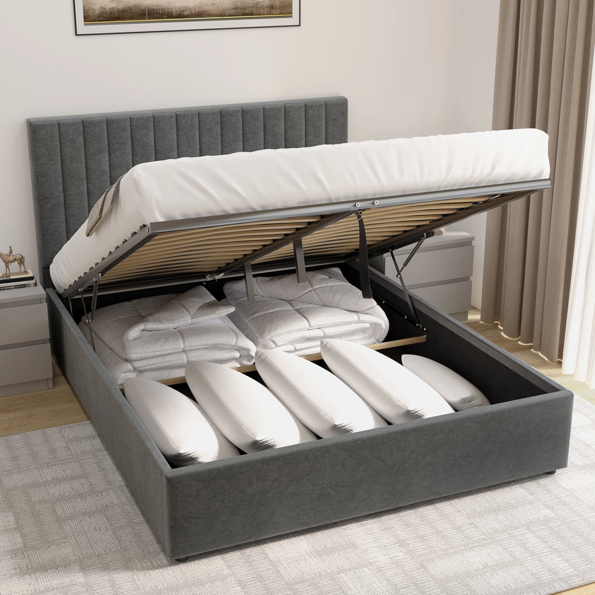 Gray upholstered bed with storage compartments in a bedroom setting