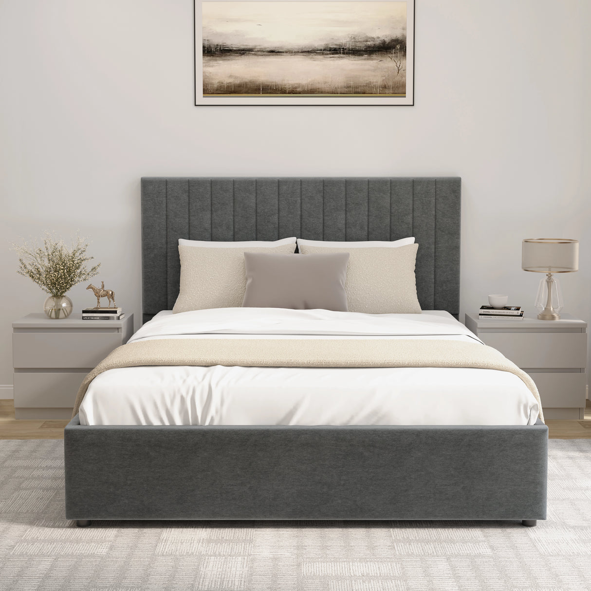 Gray upholstered bed with white bedding in a bedroom setting.