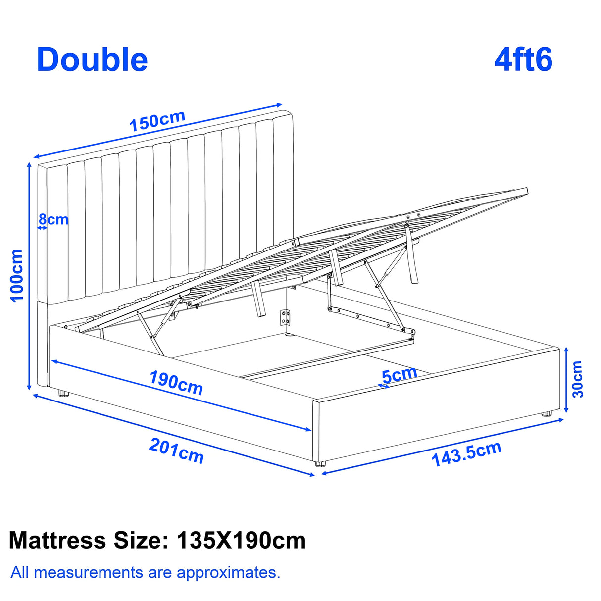 Diagram of a double bed with dimensions labeled