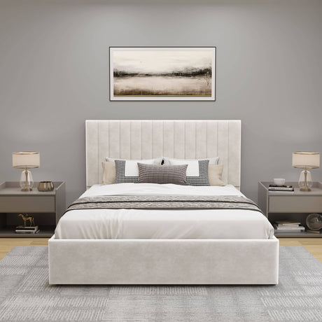 beige bed frame ottoman with hidden storage, perfect for a sleek, organized bedroom.