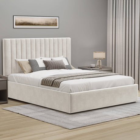 Beige velvet ottoman small double bed frame with vertical line headboard and spacious hidden storage, perfect for stylish and organized rooms.






