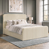 [Beige | Double] Vertical line ottoman storage bed angled room view with tall padded headboard and matching footboard