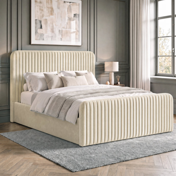 [Beige | Double] Vertical line ottoman storage bed angled room view with tall padded headboard and matching footboard
