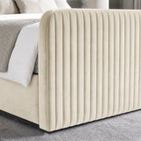 [Beige | Double] Close-up of tall 62cm padded footboard corner showing plush fabric and bed base detail
