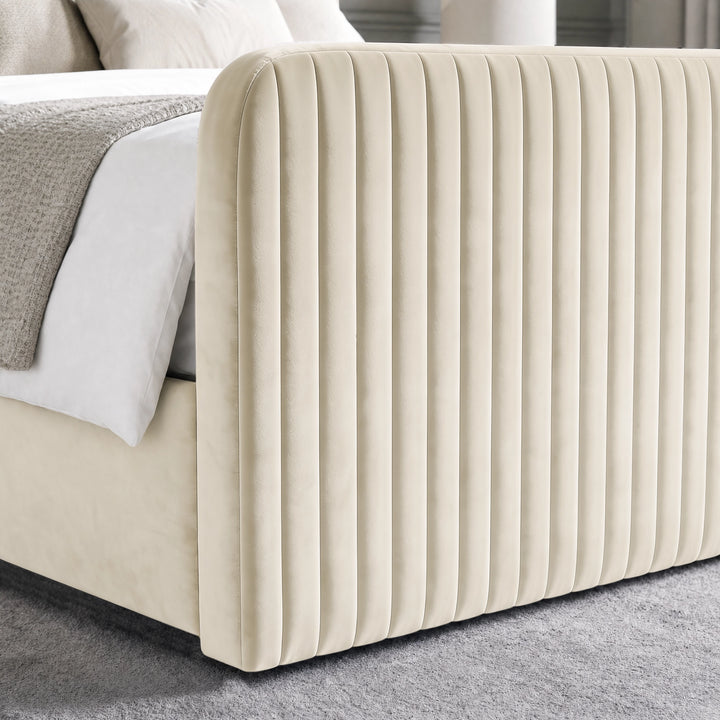 [Beige | Double] Close-up of tall 62cm padded footboard corner showing plush fabric and bed base detail