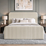 [Beige | Double] Vertical line ottoman storage bed front view with vertical channel headboard and matching footboard