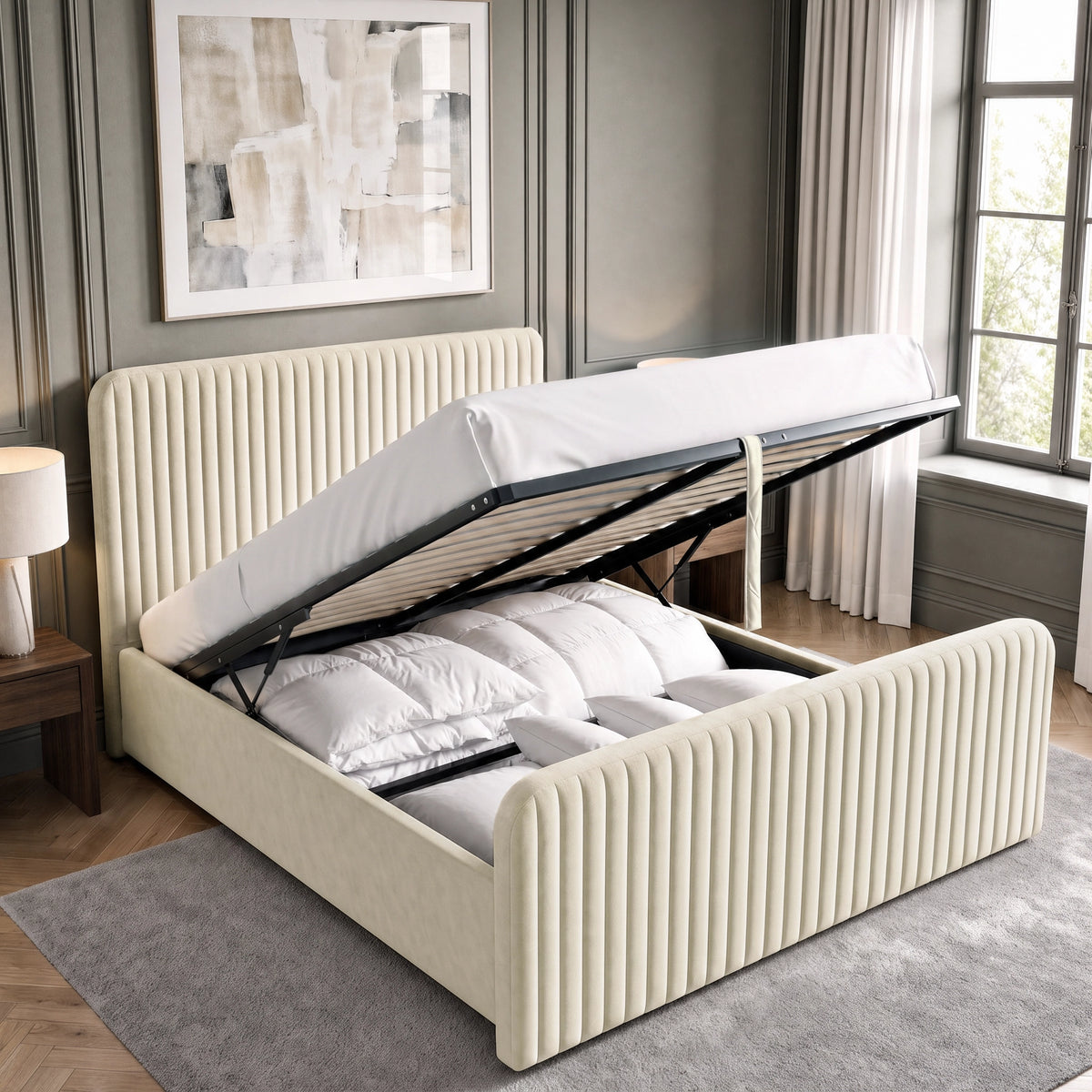 [Beige | Double] Vertical line ottoman storage bed open with gas-lift mechanism, showing frame, slats and under-bed storage