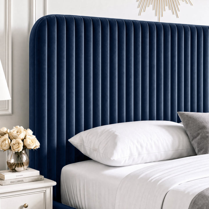 [Blue | Double] Close-up of padded vertical channel headboard in plush velvet fabric