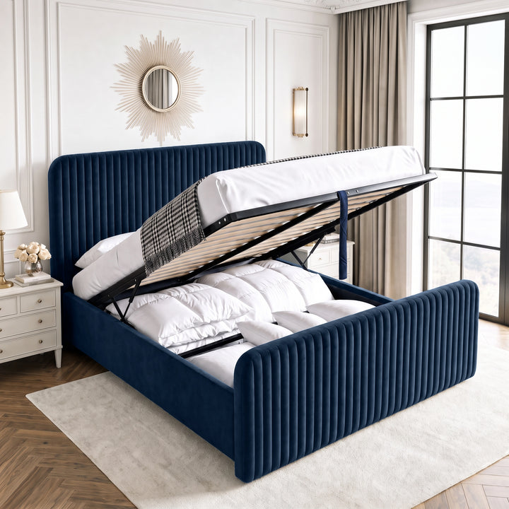 [Blue | Double] Vertical line ottoman storage bed open with gas-lift frame, slats and under-bed storage