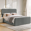 [Grey | Double] Vertical line ottoman storage bed angled room view with tall headboard and matching footboard