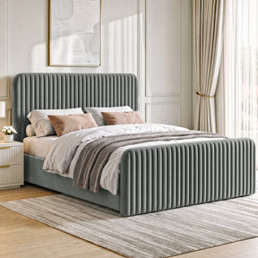 [Grey | Double] Vertical line ottoman storage bed angled room view with tall headboard and matching footboard