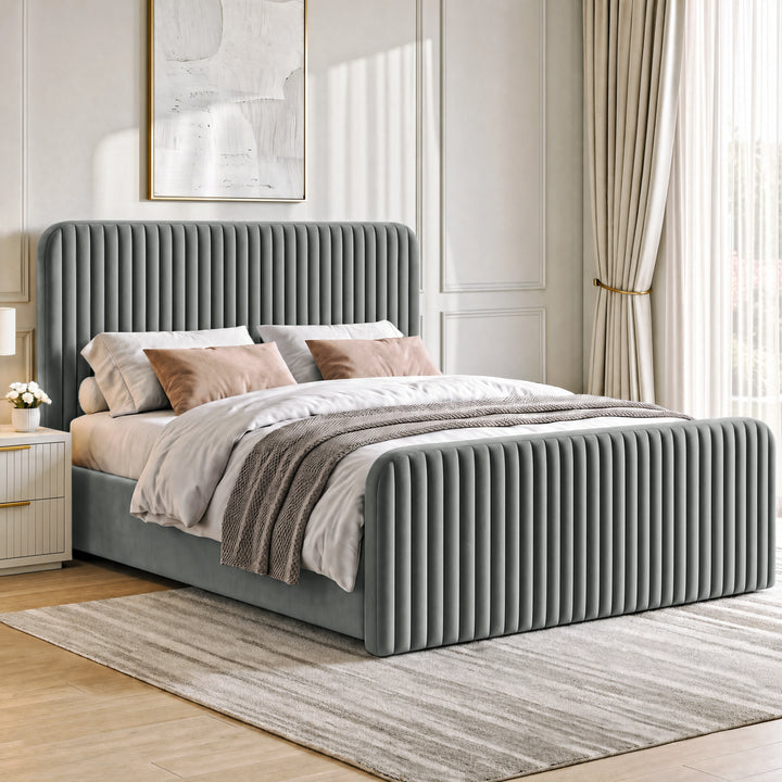 [Grey | Double] Vertical line ottoman storage bed angled room view with tall headboard and matching footboard
