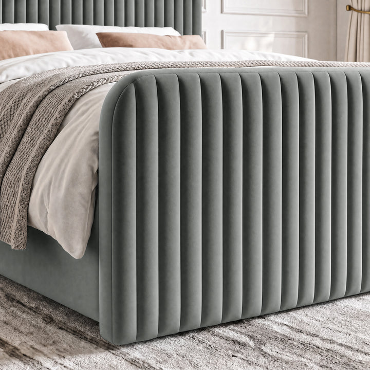 [Grey | Double] Close-up of 62cm tall padded footboard corner showing plush fabric and bed base detail