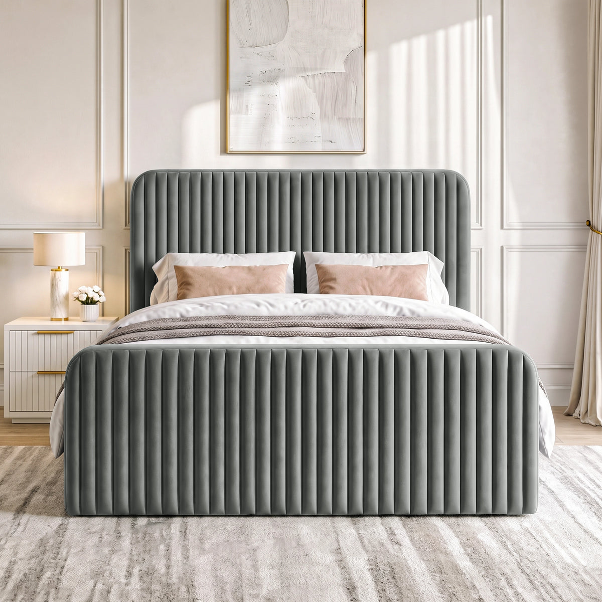 [Grey | Double] Vertical line ottoman storage bed front view with vertical channel headboard and footboard