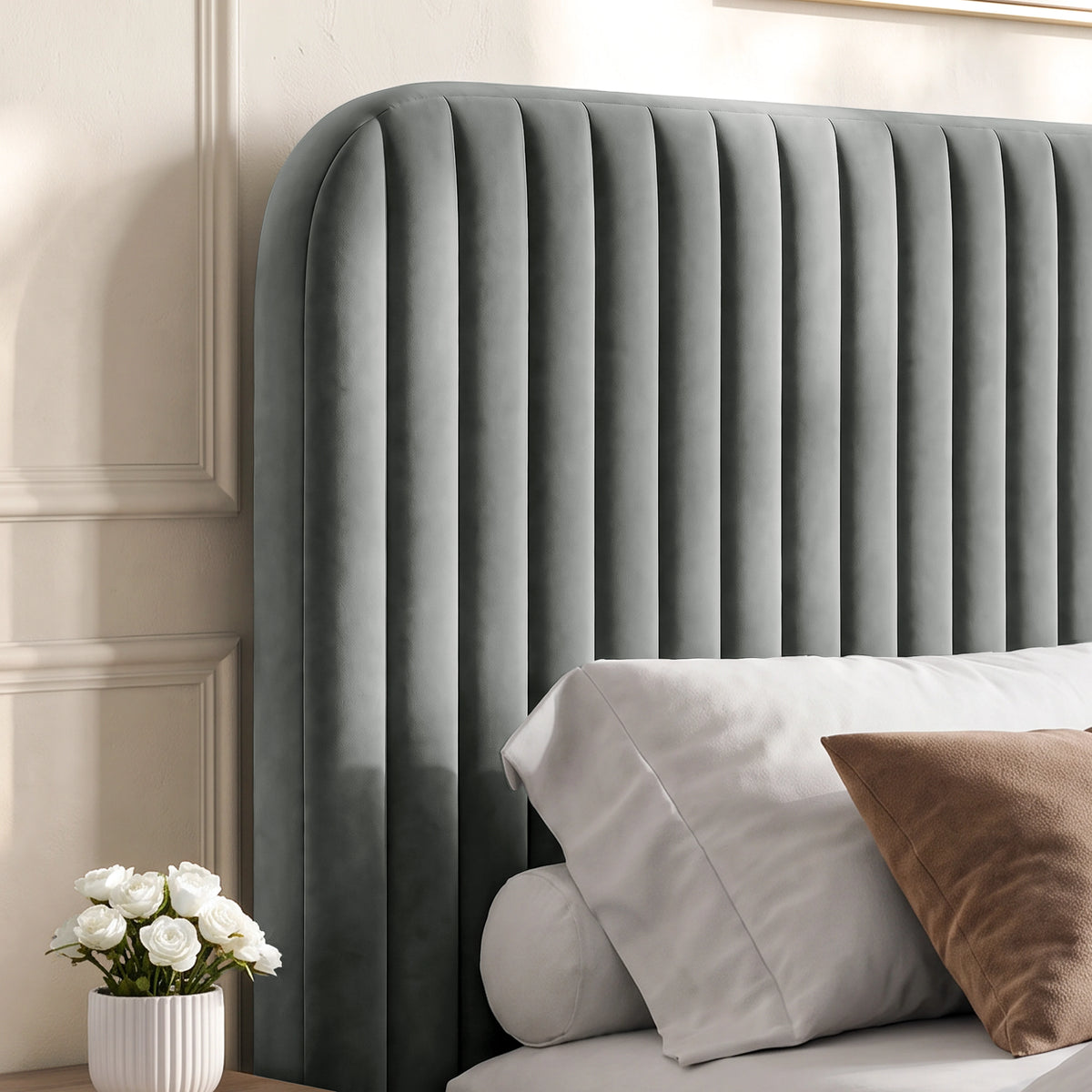 [Grey | Double] Close-up of padded vertical channel headboard in plush velvet fabric