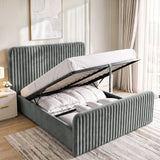 [Grey | Double] Vertical line ottoman storage bed open with gas-lift frame, slats and under-bed storage
