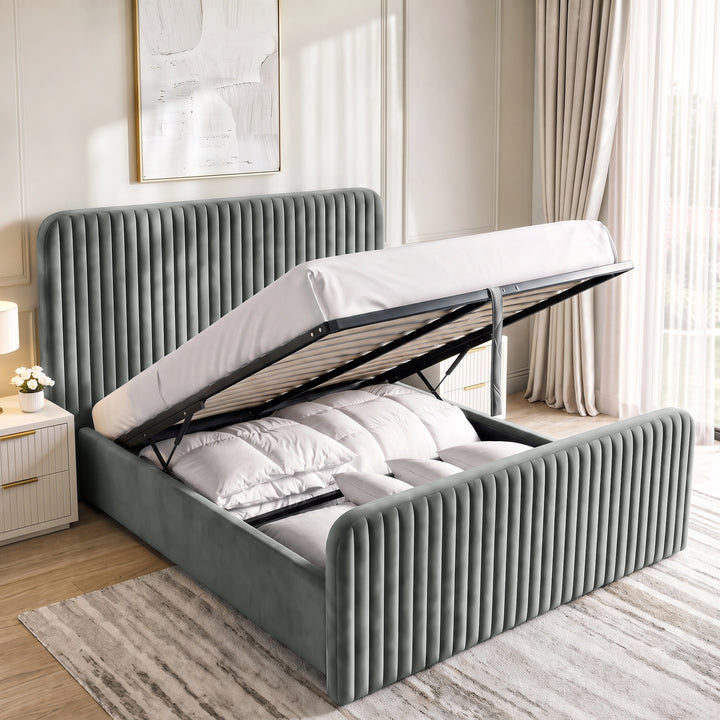 [Grey | Double] Vertical line ottoman storage bed open with gas-lift frame, slats and under-bed storage