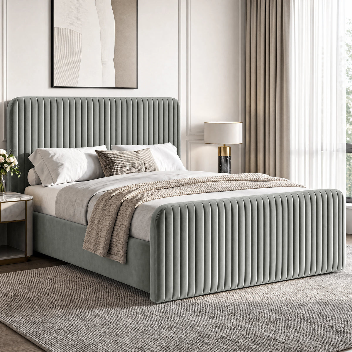 [Light Grey | Double] Vertical line ottoman storage bed angled room view with tall headboard and matching footboard
