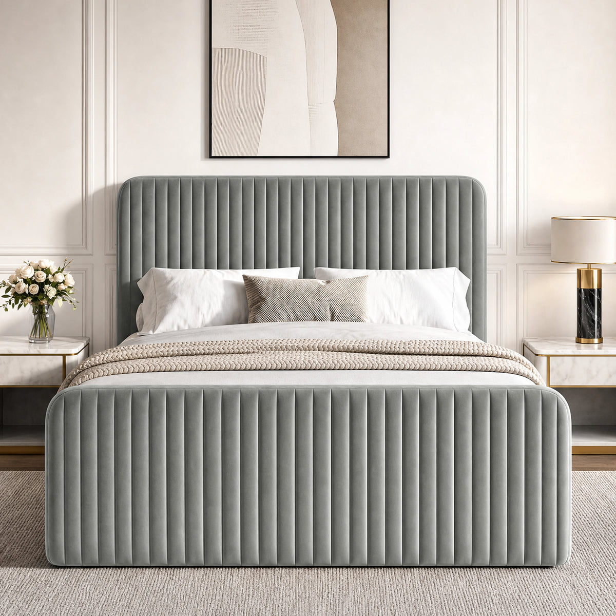 [Light Grey | Double] Vertical line ottoman storage bed front view with vertical channel headboard and footboard