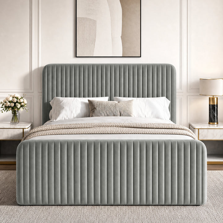 [Light Grey | Double] Vertical line ottoman storage bed front view with vertical channel headboard and footboard
