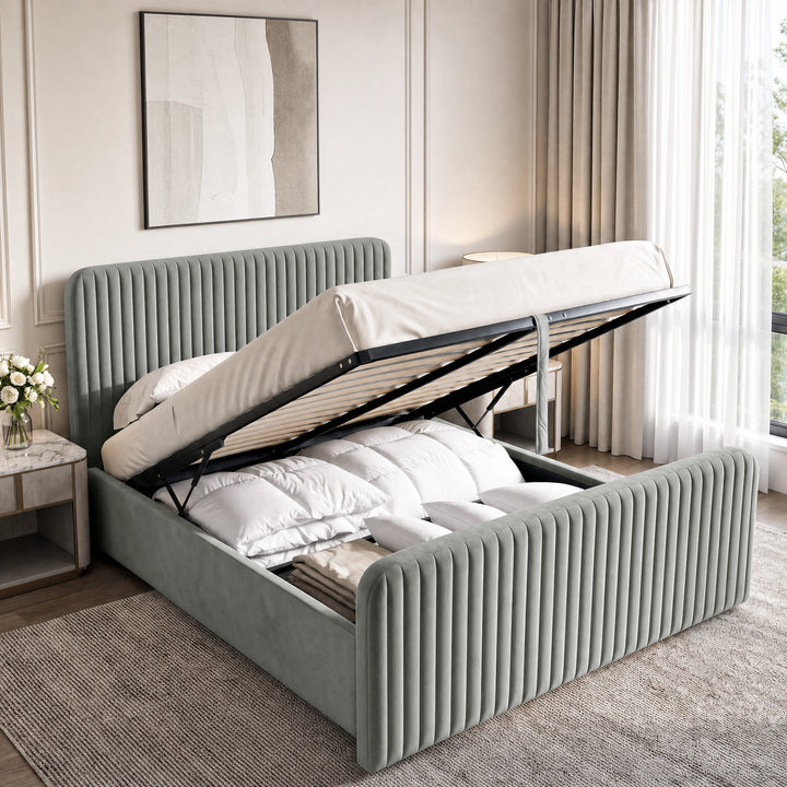 [Light Grey | Double] Vertical line ottoman storage bed open with gas-lift frame, slats and under-bed storage