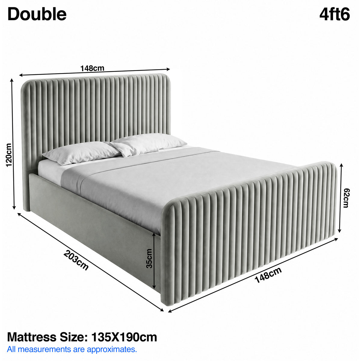 [Light Grey | Double] Bed dimensions: frame 148W x 203L x 120H cm, footboard H62cm, & mattress base H35cm