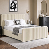[Beige | King] Vertical line ottoman storage bed angled room view with tall headboard and matching footboard