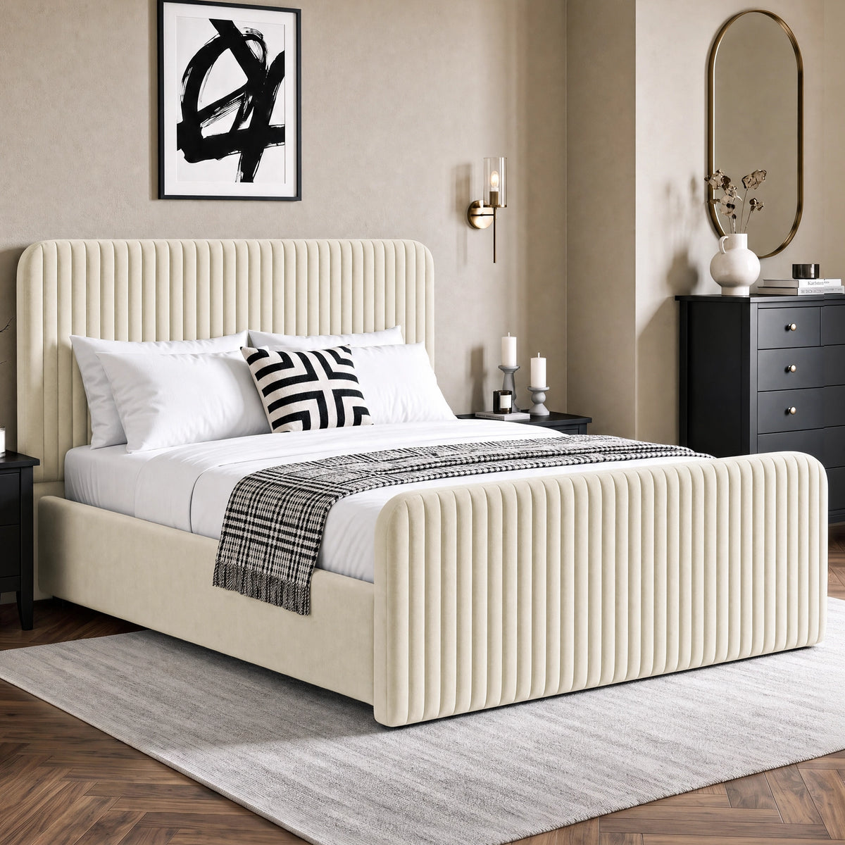[Beige | King] Vertical line ottoman storage bed angled room view with tall headboard and matching footboard