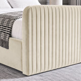 [Beige | King] Close-up of 62cm tall padded footboard corner showing plush fabric and bed base detail