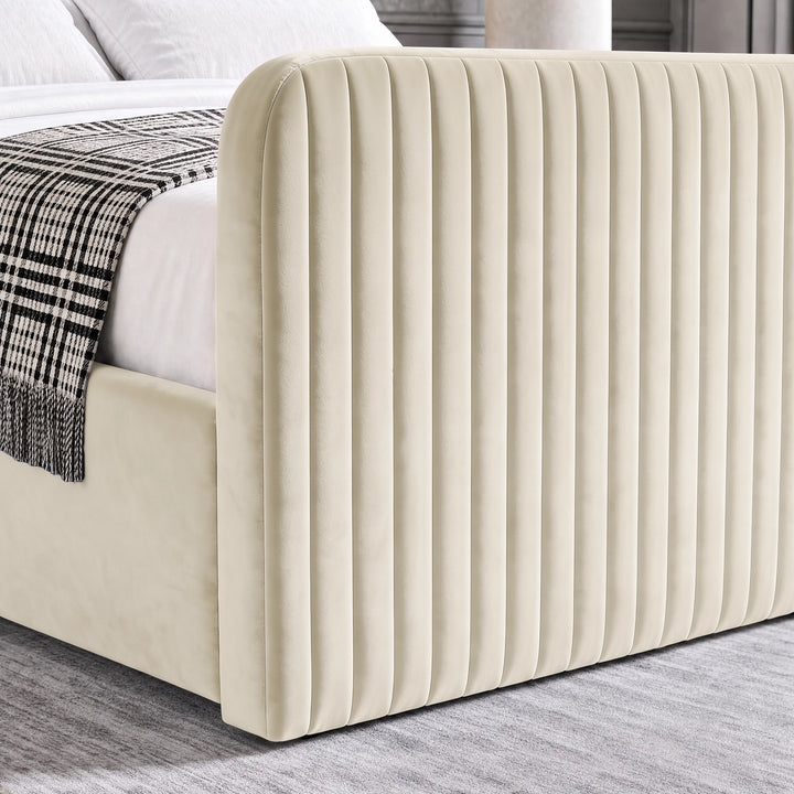 [Beige | King] Close-up of 62cm tall padded footboard corner showing plush fabric and bed base detail
