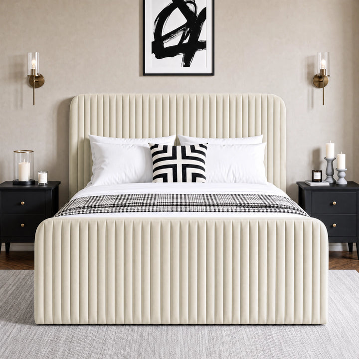 [Beige | King] Vertical line ottoman storage bed front view with vertical channel headboard and footboard