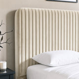 [Beige | King] Close-up of padded vertical channel headboard in plush velvet fabric