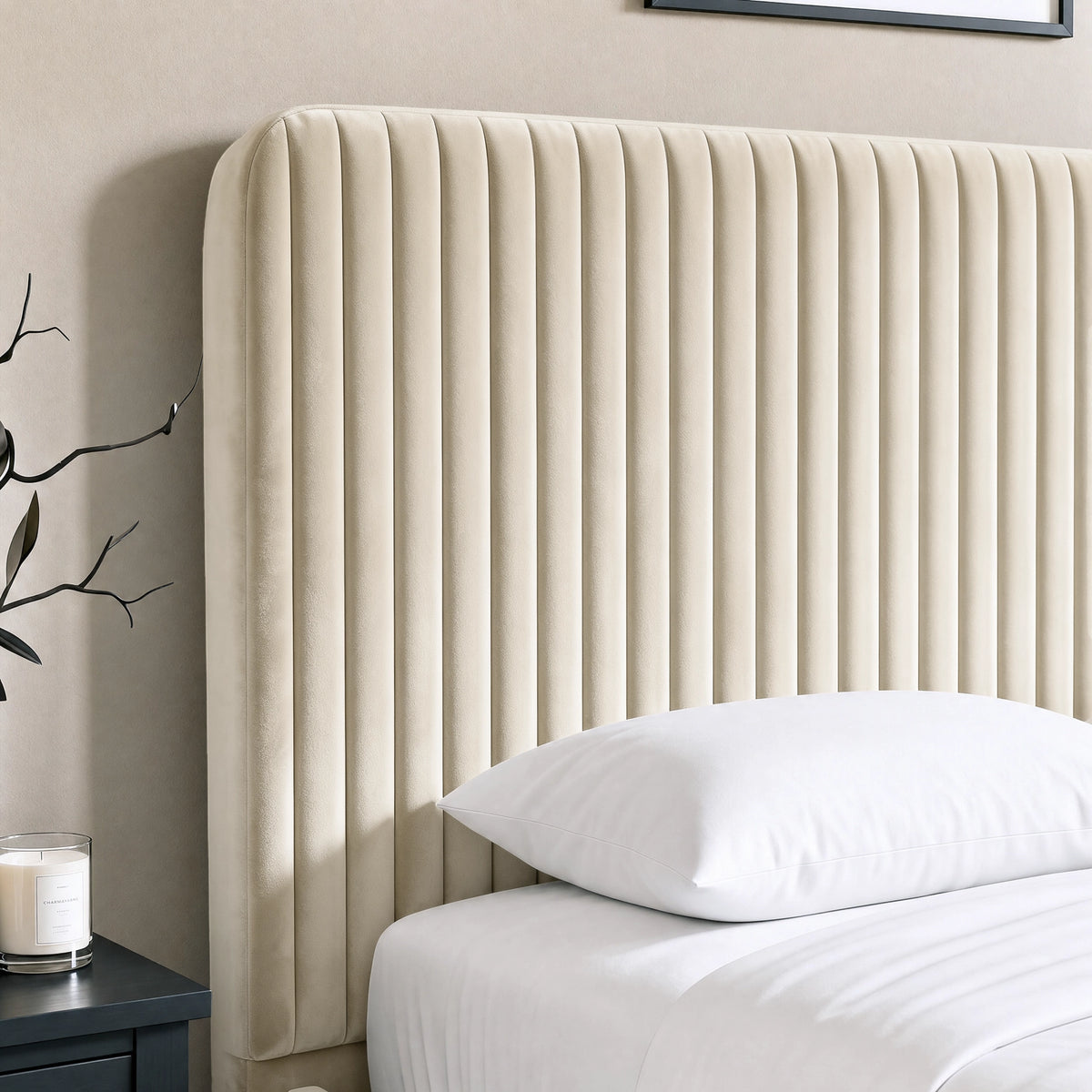 [Beige | King] Close-up of padded vertical channel headboard in plush velvet fabric