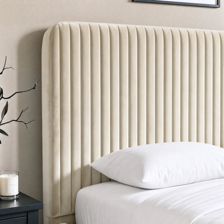 [Beige | King] Close-up of padded vertical channel headboard in plush velvet fabric
