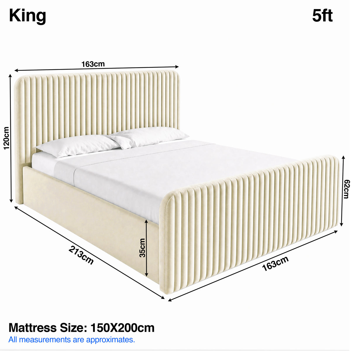 [Beige | King] Bed dimensions: frame 163W x 213L x 120H cm; footboard H62cm, & mattress base H35cm; mattress 150 x 200 cm