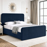 [Blue | King] Vertical line ottoman storage bed angled room view with tall headboard and matching footboard