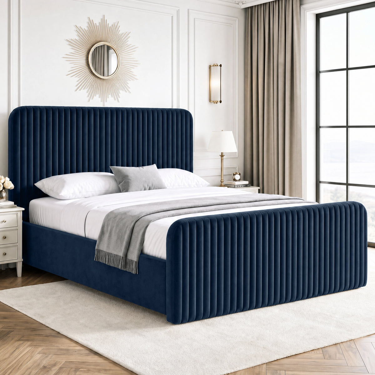 [Blue | King] Vertical line ottoman storage bed angled room view with tall headboard and matching footboard