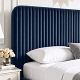 [Blue | King] Close-up of padded vertical channel headboard in plush velvet fabric
