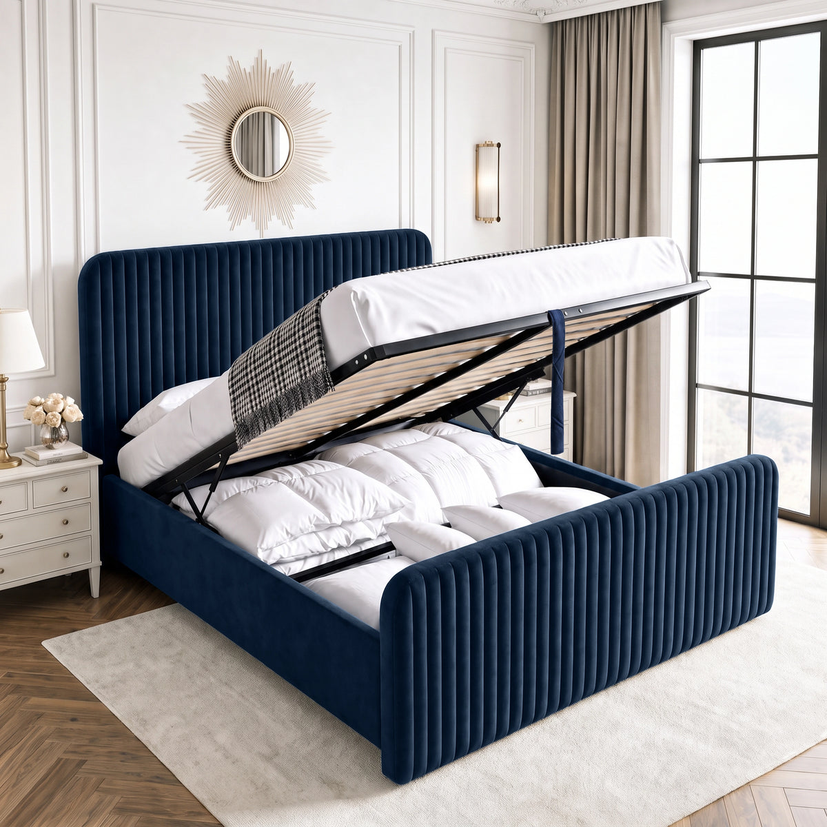 [Blue | King] Vertical line ottoman storage bed open with gas-lift frame, slats and under-bed storage