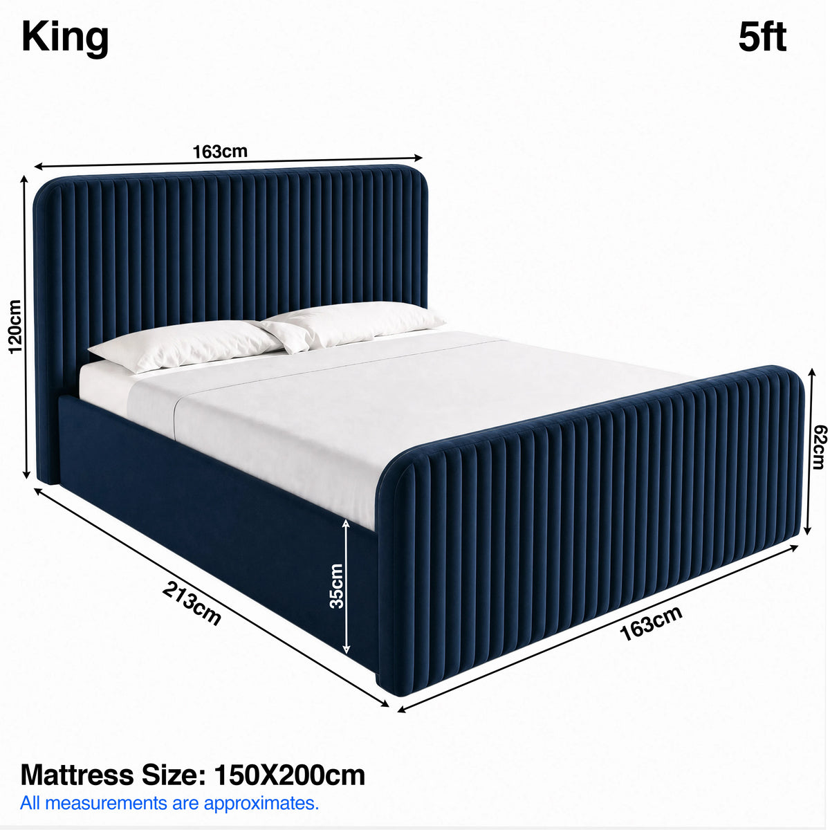 [Blue | King] Bed dimensions: frame 163W x 213L x 120H cm; footboard H62cm, & mattress base H35cm; mattress 150 x 200 cm
