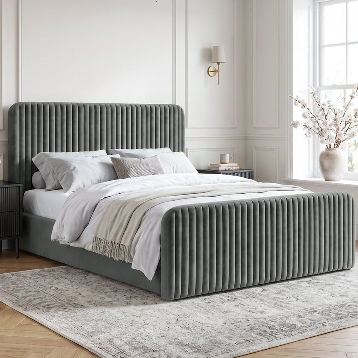 [Grey | King] Vertical line ottoman storage bed angled room view with tall headboard and matching footboard