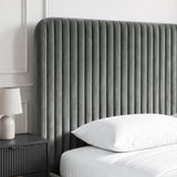 [Grey | King] Close-up of padded vertical channel headboard in plush velvet fabric
