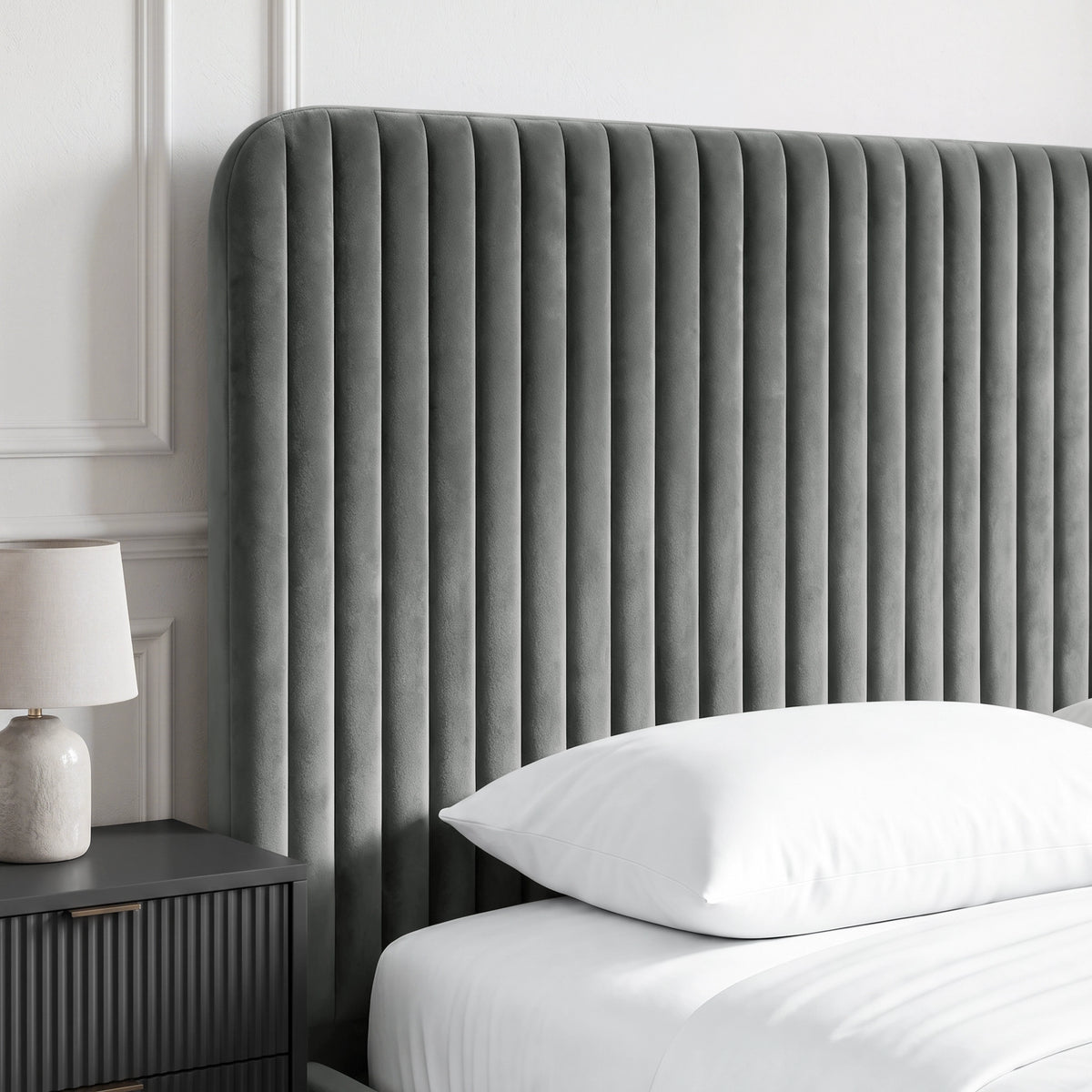 [Grey | King] Close-up of padded vertical channel headboard in plush velvet fabric